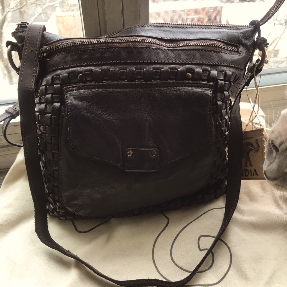 Cross Body Leather Bag with Braided Trim